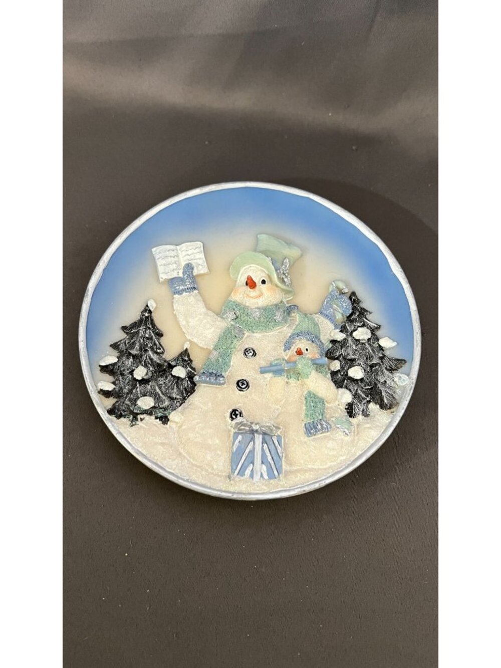Frosted Snowman Decorative Winter Plate Collectible With Snow Scene - No Stand